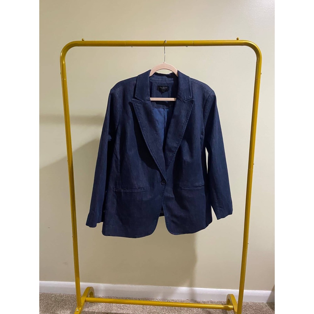 Talbots Plus Petite Indigo Denim Blazer Jacket Blue Single Button Lined Size 2XP - Picture 2 of 10